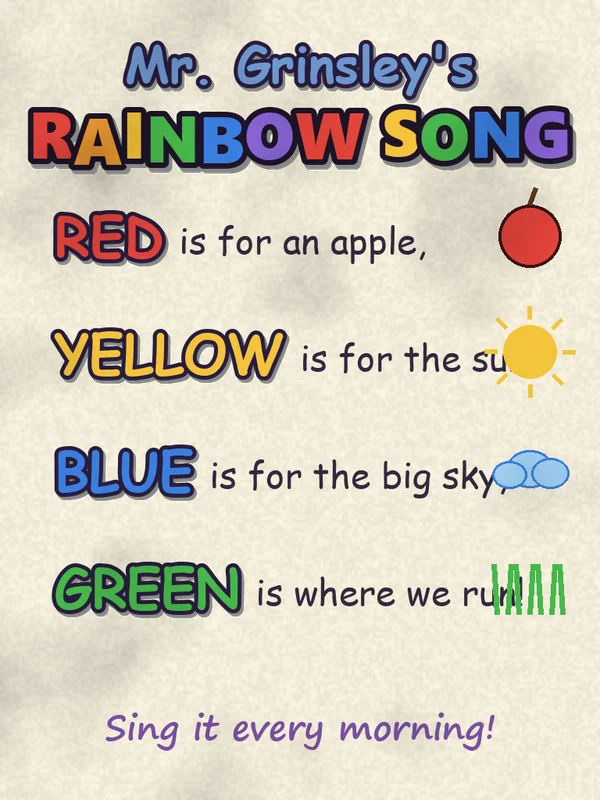 Mr. Grinsley's Rainbow Song poster: Red is for an apple, Yellow is for the sun, Blue is for the big sky, Green is where we run