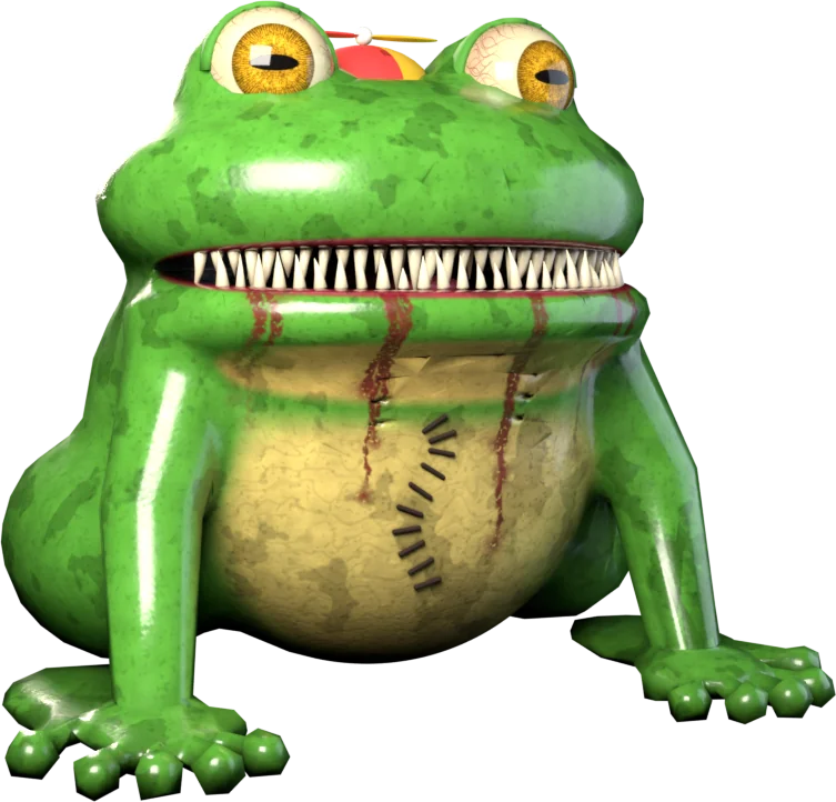 Big Gobbo, a giant green frog with yellow eyes and a propeller beanie