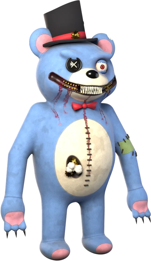 Mr. Grinsley, a powder-blue clockwork teddy bear with a top hat, one button eye and a zipper grin