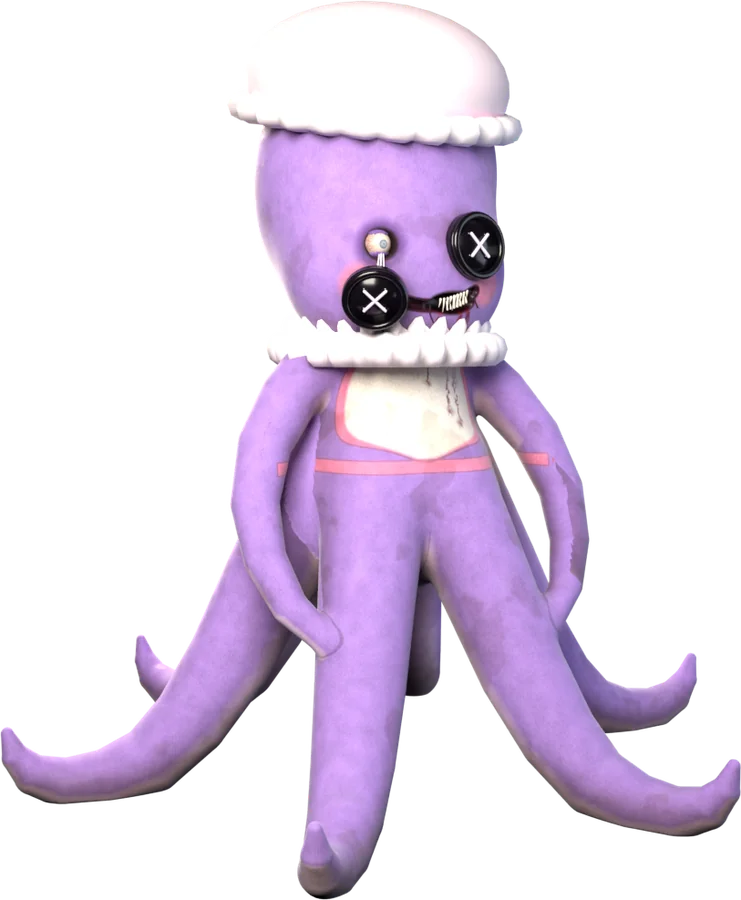 Nanny Noodles, a lavender octopus in a frilly mob-cap and ruff collar, with button eyes and a stitched smile