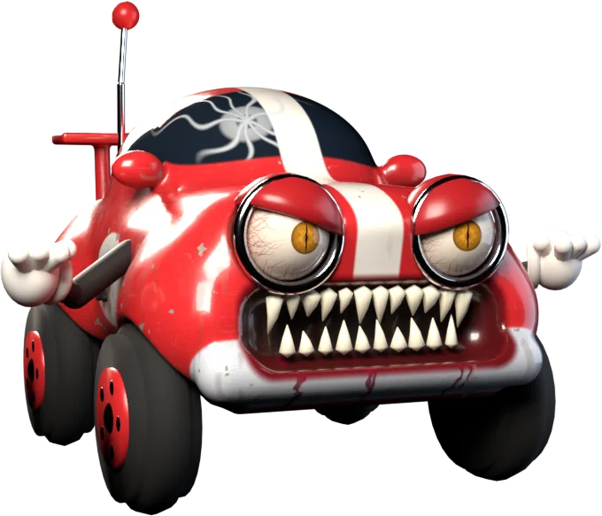 Revvy Roadster, a living red toy car with headlight eyes, white gloves and a grille full of teeth
